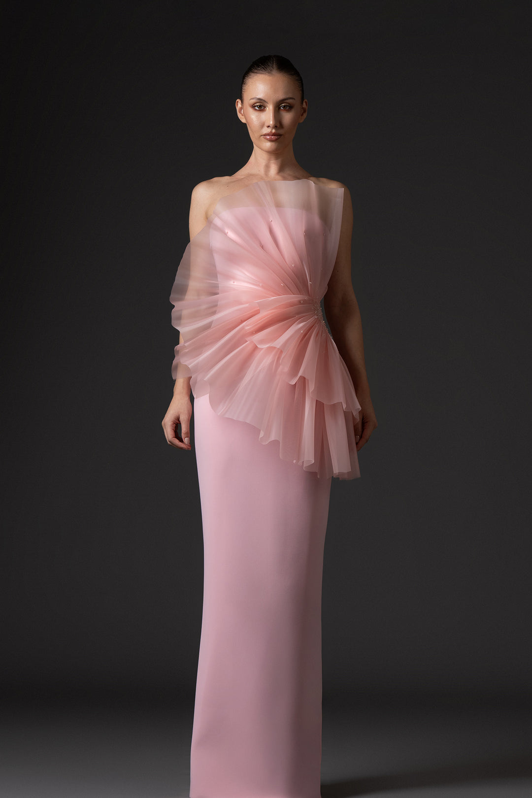Strapless Crepe Dress with Draped Organza Embroidered Bodice
