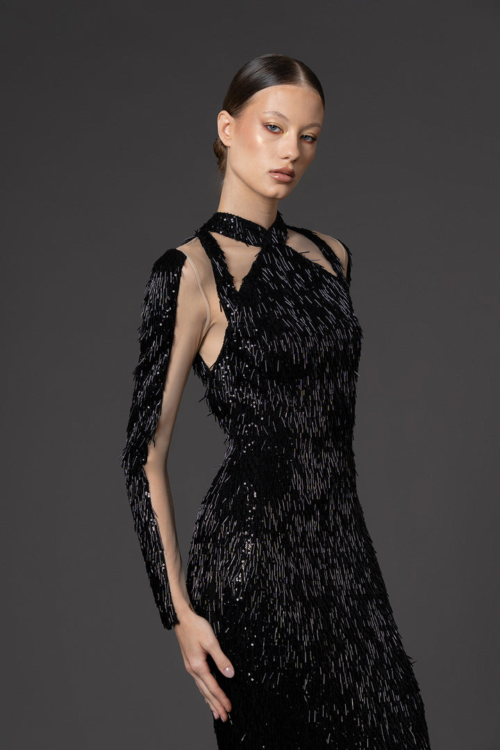 Column Dress with Sequin and Bugle Bead Embroidery