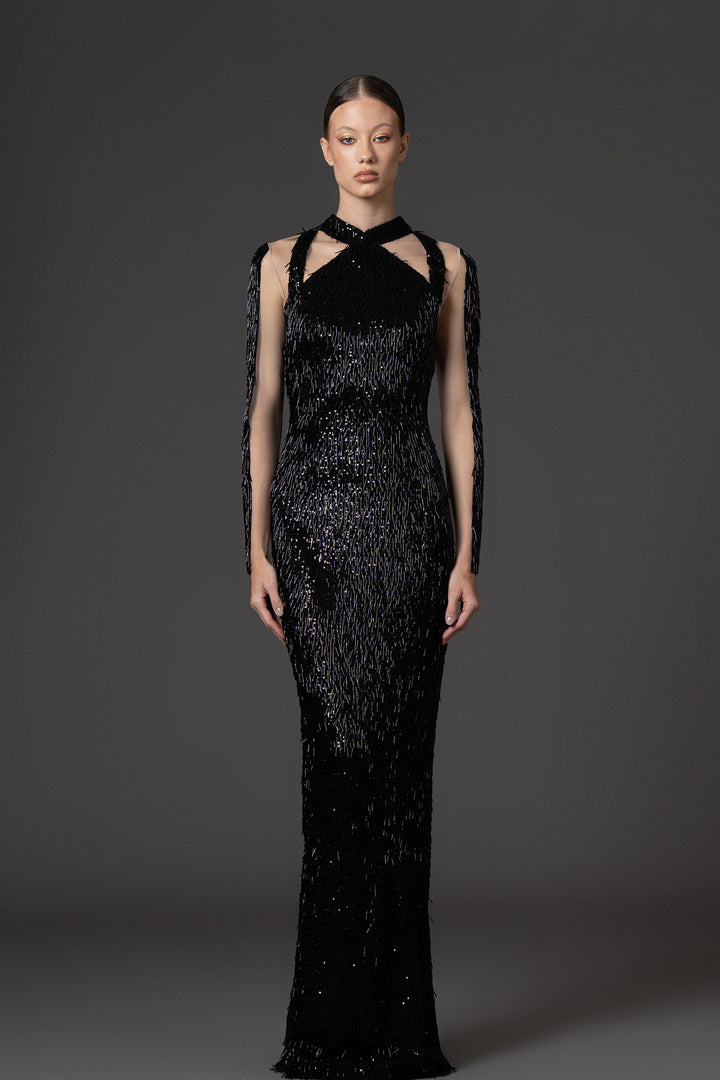 Column Dress with Sequin and Bugle Bead Embroidery