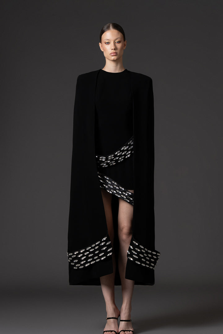 Short Crêpe Dress with Embroidered Cape