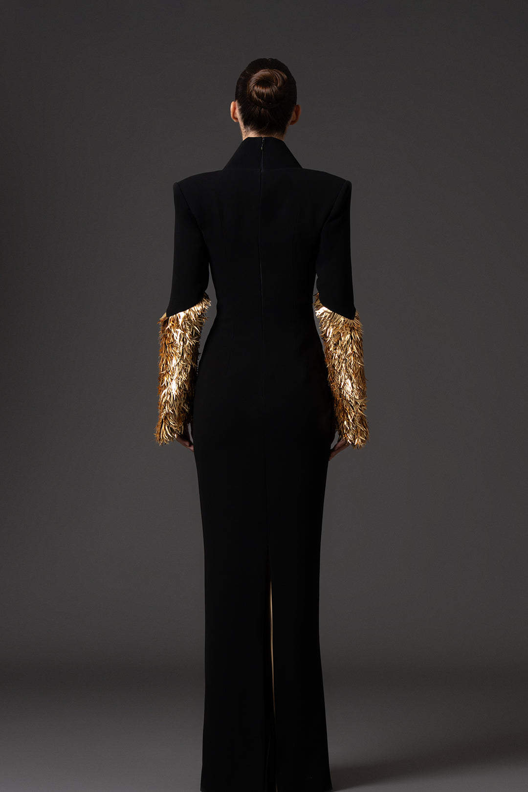 Crepe Floor-Length Dress with Gold Spike Embroidery