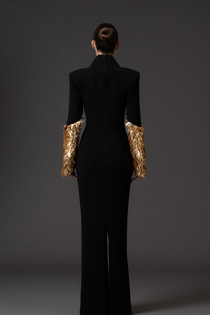 Crepe Floor-Length Dress with Gold Spike Embroidery