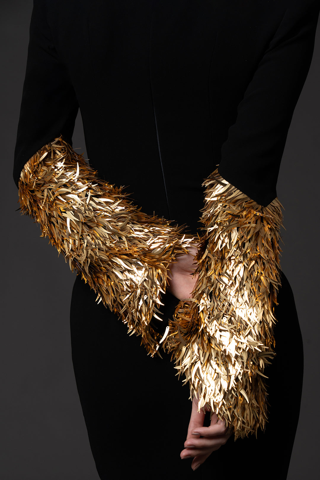 Crepe Floor-Length Dress with Gold Spike Embroidery