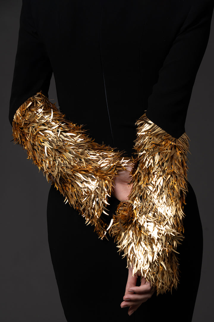 Crepe Floor-Length Dress with Gold Spike Embroidery