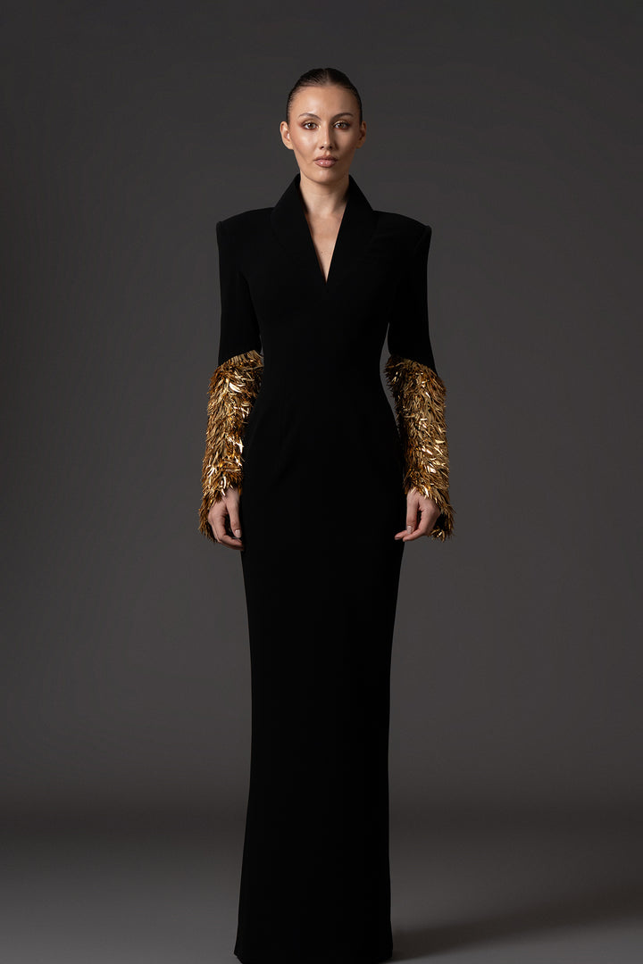 Crepe Floor-Length Dress with Gold Spike Embroidery