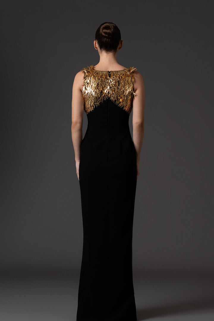 Crepe Long Dress with Spike Embroidery
