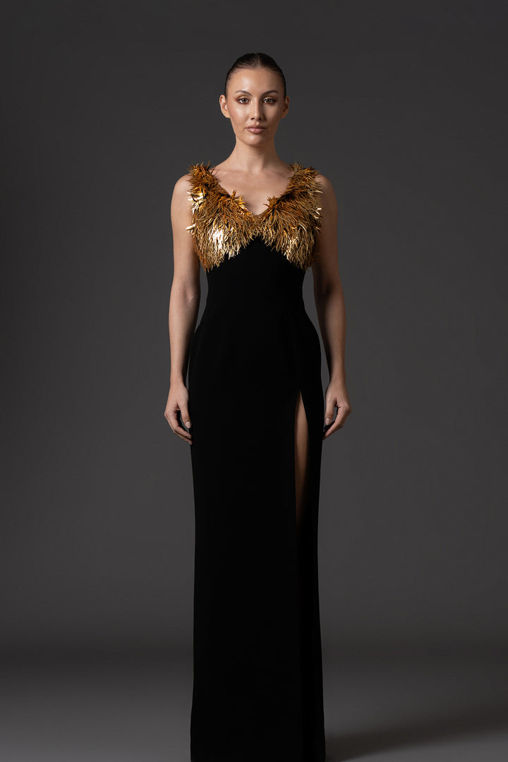 Crepe Long Dress with Spike Embroidery