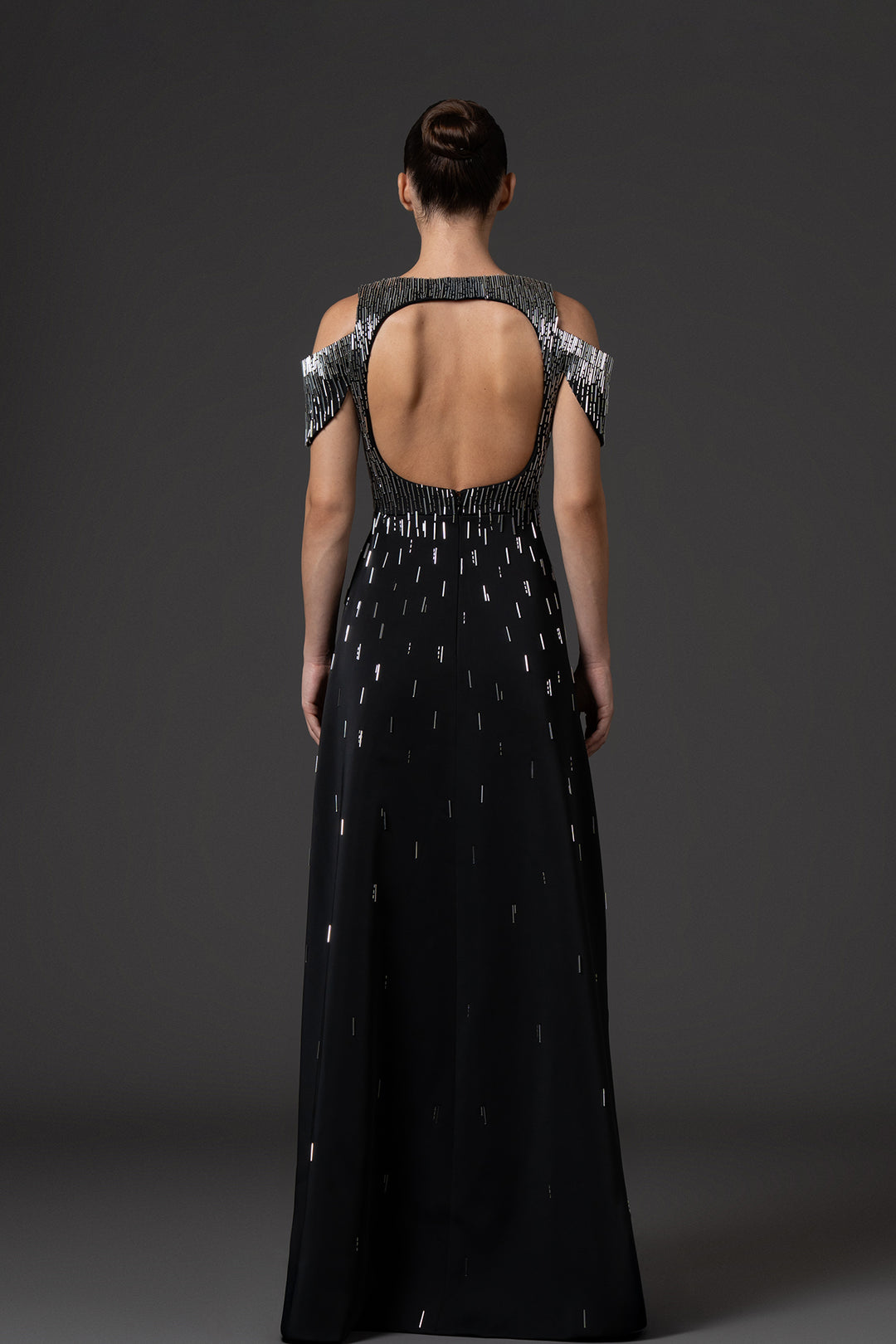 V-Neck Scuba Crepe Dress with Beaded Embroidery