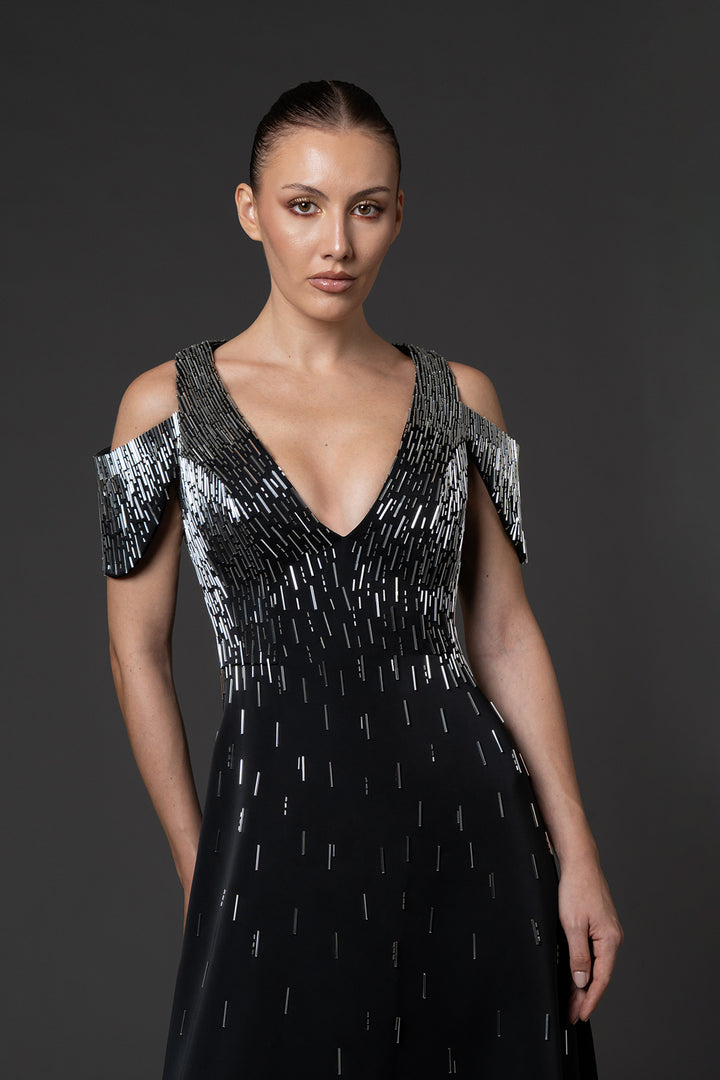 V-Neck Scuba Crepe Dress with Beaded Embroidery