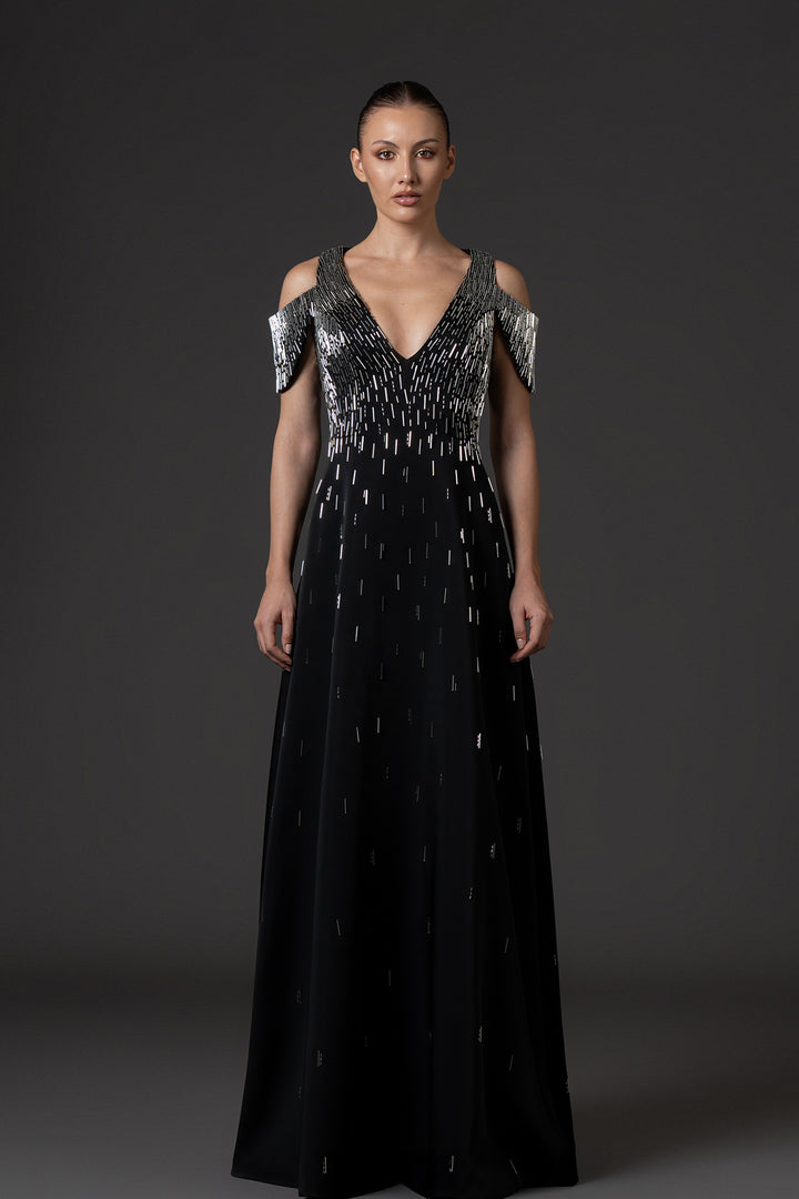 V-Neck Scuba Crepe Dress with Beaded Embroidery
