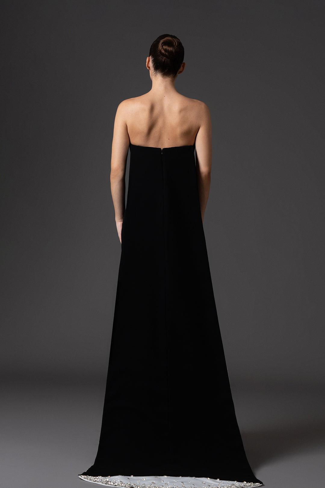 Strapless Crepe Dress with Crystal Embroidered Bust