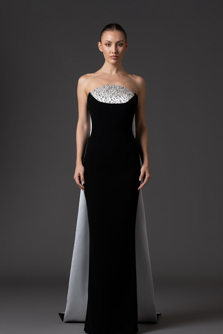 Strapless Crepe Dress with Crystal Embroidered Bust