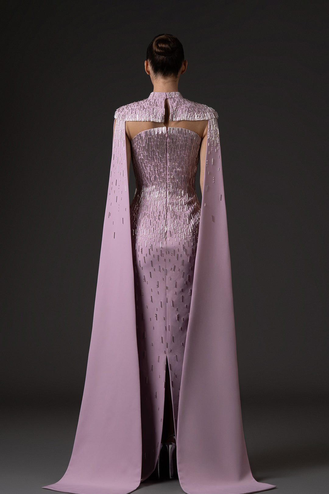 Crepe Long Dress with Cape Sleeves and Beaded Embroidery