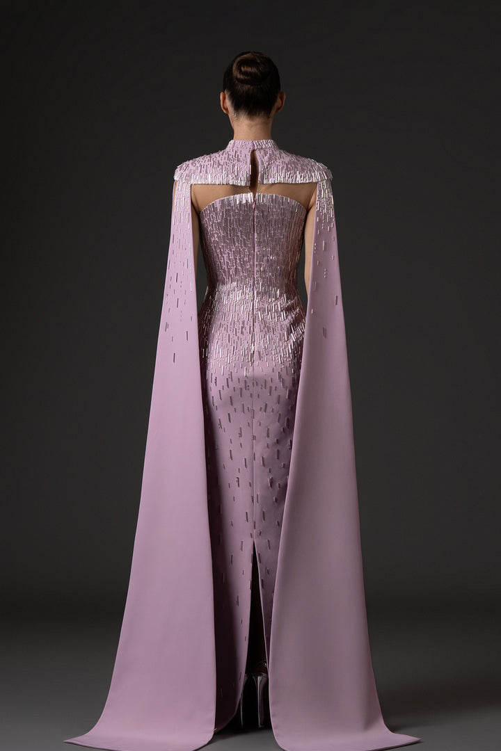 Crepe Long Dress with Cape Sleeves and Beaded Embroidery