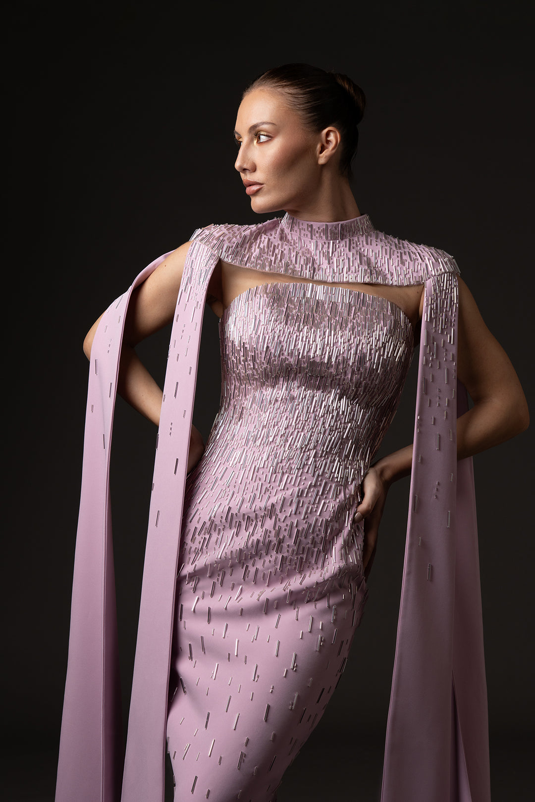 Crepe Long Dress with Cape Sleeves and Beaded Embroidery