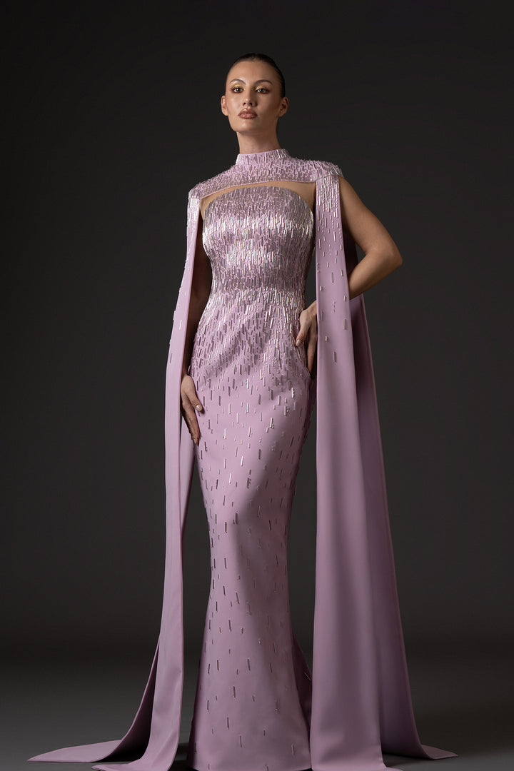 Crepe Long Dress with Cape Sleeves and Beaded Embroidery