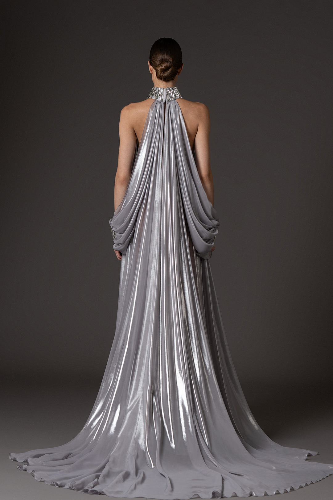 Halter Neckline with Long Sleeves and Baguette Embroidery