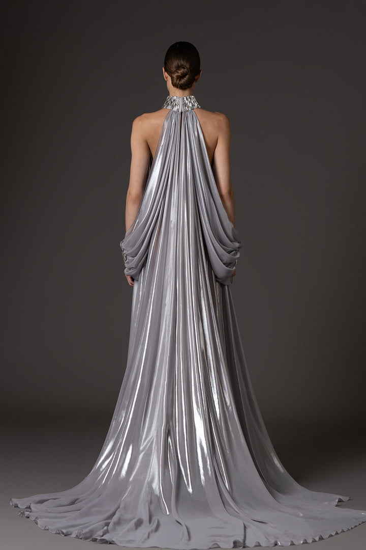 Halter Neckline with Long Sleeves and Baguette Embroidery