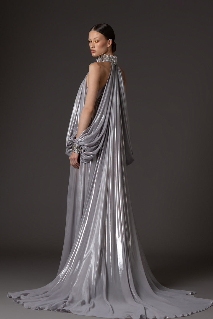 Halter Neckline with Long Sleeves and Baguette Embroidery