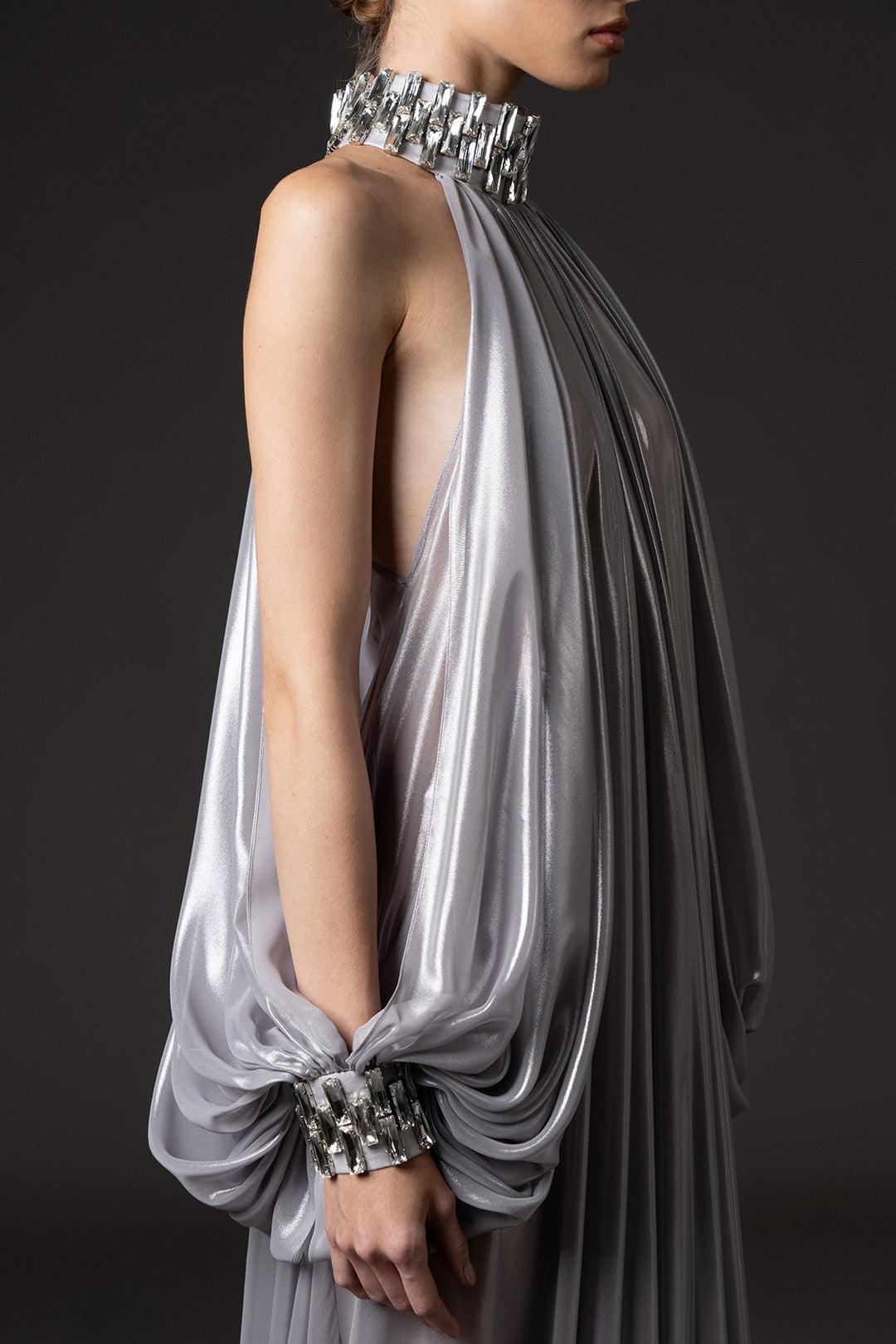 Halter Neckline with Long Sleeves and Baguette Embroidery