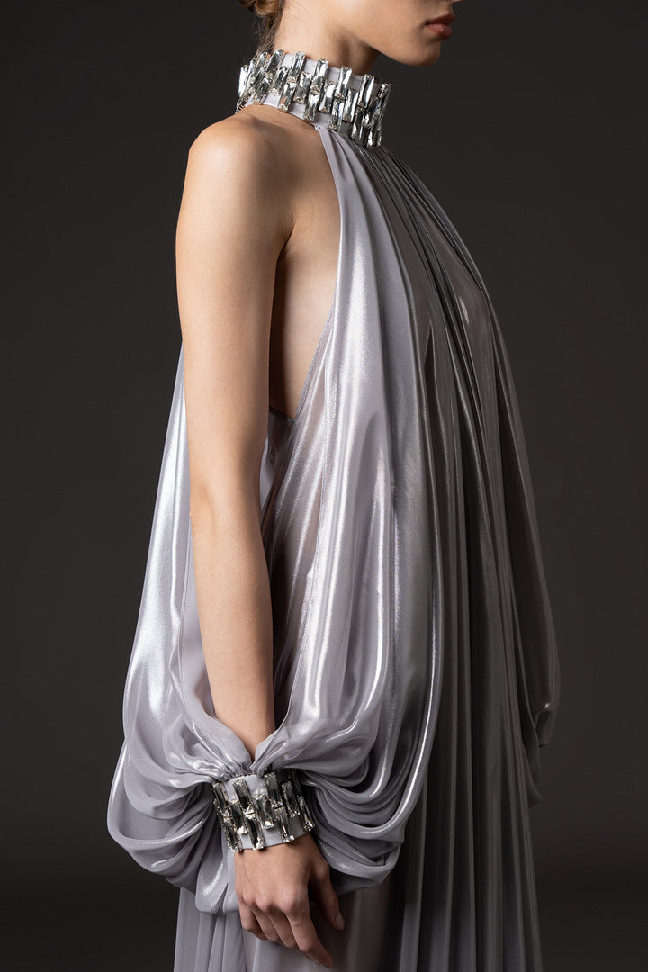 Halter Neckline with Long Sleeves and Baguette Embroidery