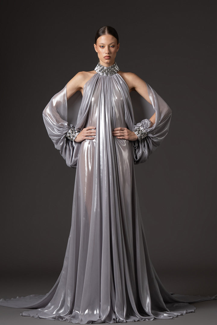 Halter Neckline with Long Sleeves and Baguette Embroidery