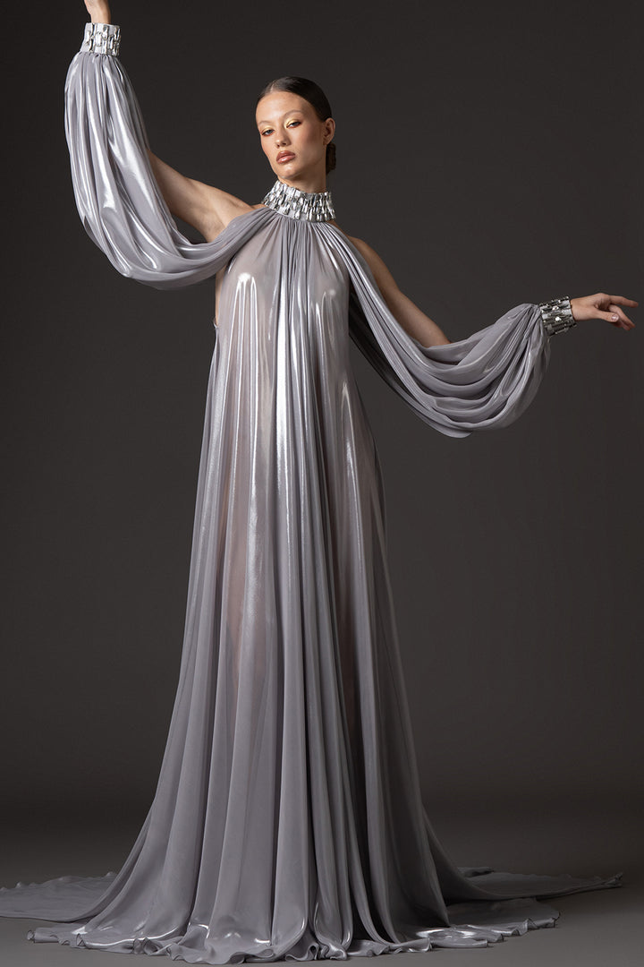 Halter Neckline with Long Sleeves and Baguette Embroidery