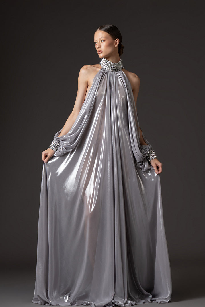 Halter Neckline with Long Sleeves and Baguette Embroidery