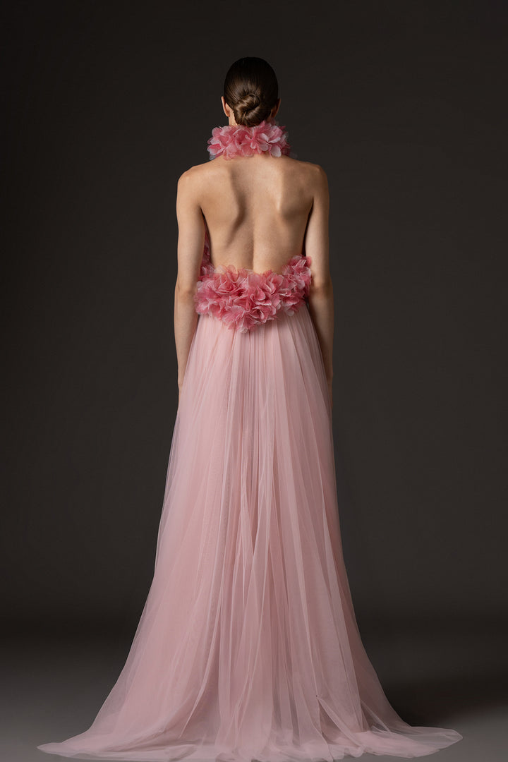 Halter Neckline A-Line Tulle Dress with Floral Appliqué Bodice
