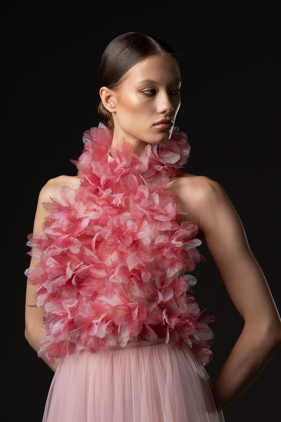 Halter Neckline A-Line Tulle Dress with Floral Appliqué Bodice