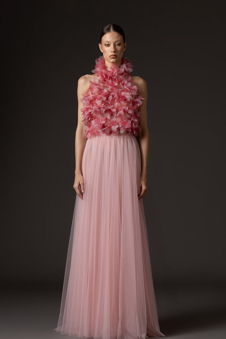 Halter Neckline A-Line Tulle Dress with Floral Appliqué Bodice