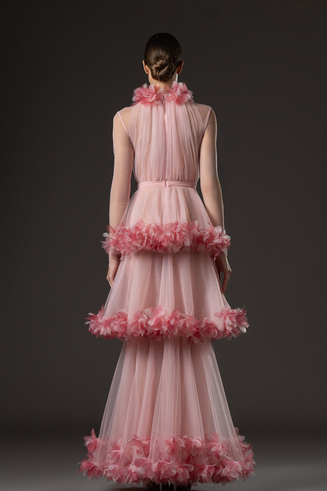 A-Line Long Dress with Floral Appliqué Embroidery