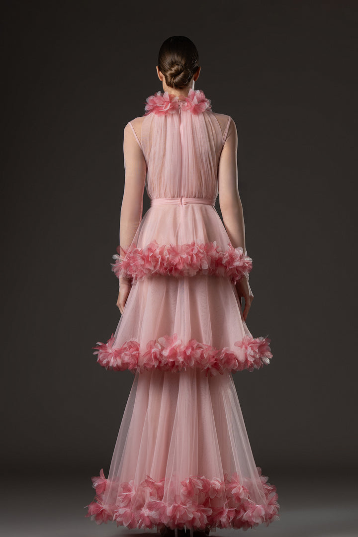 A-Line Long Dress with Floral Appliqué Embroidery