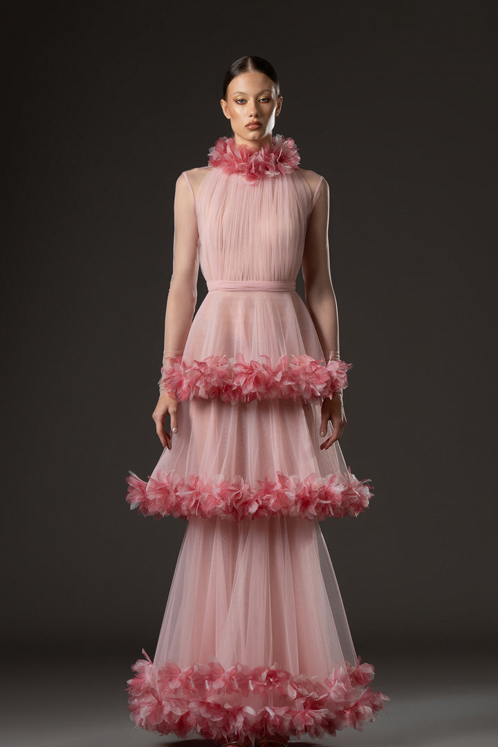 A-Line Long Dress with Floral Appliqué Embroidery