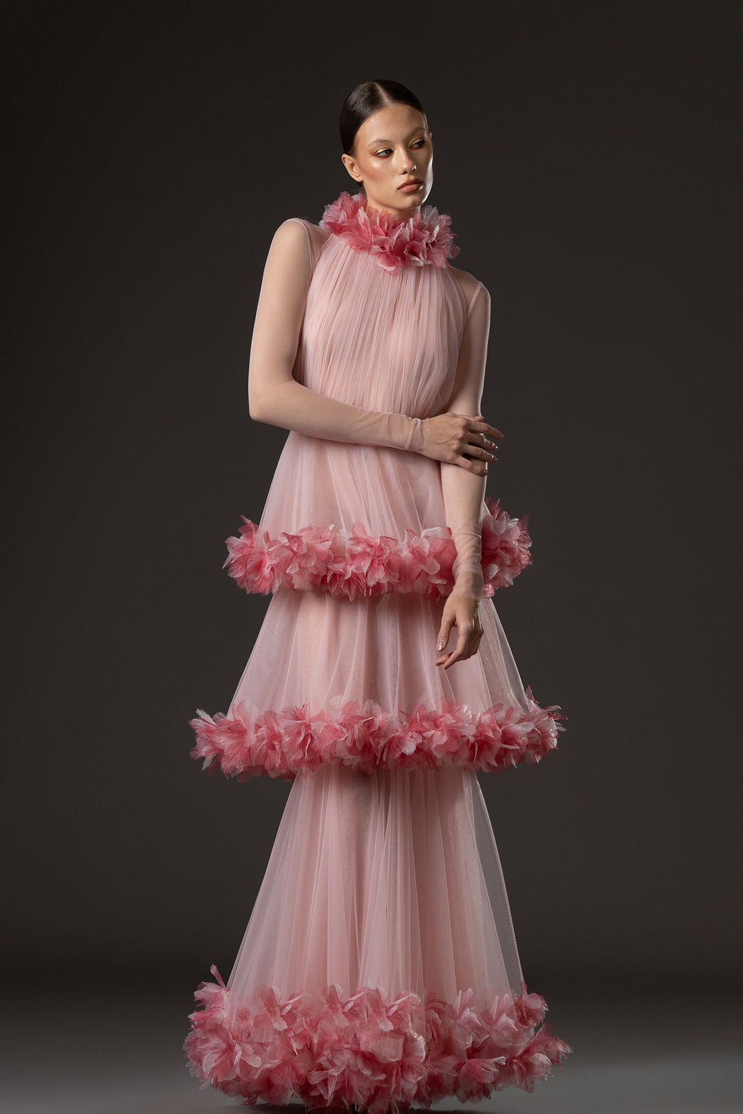 A-Line Long Dress with Floral Appliqué Embroidery