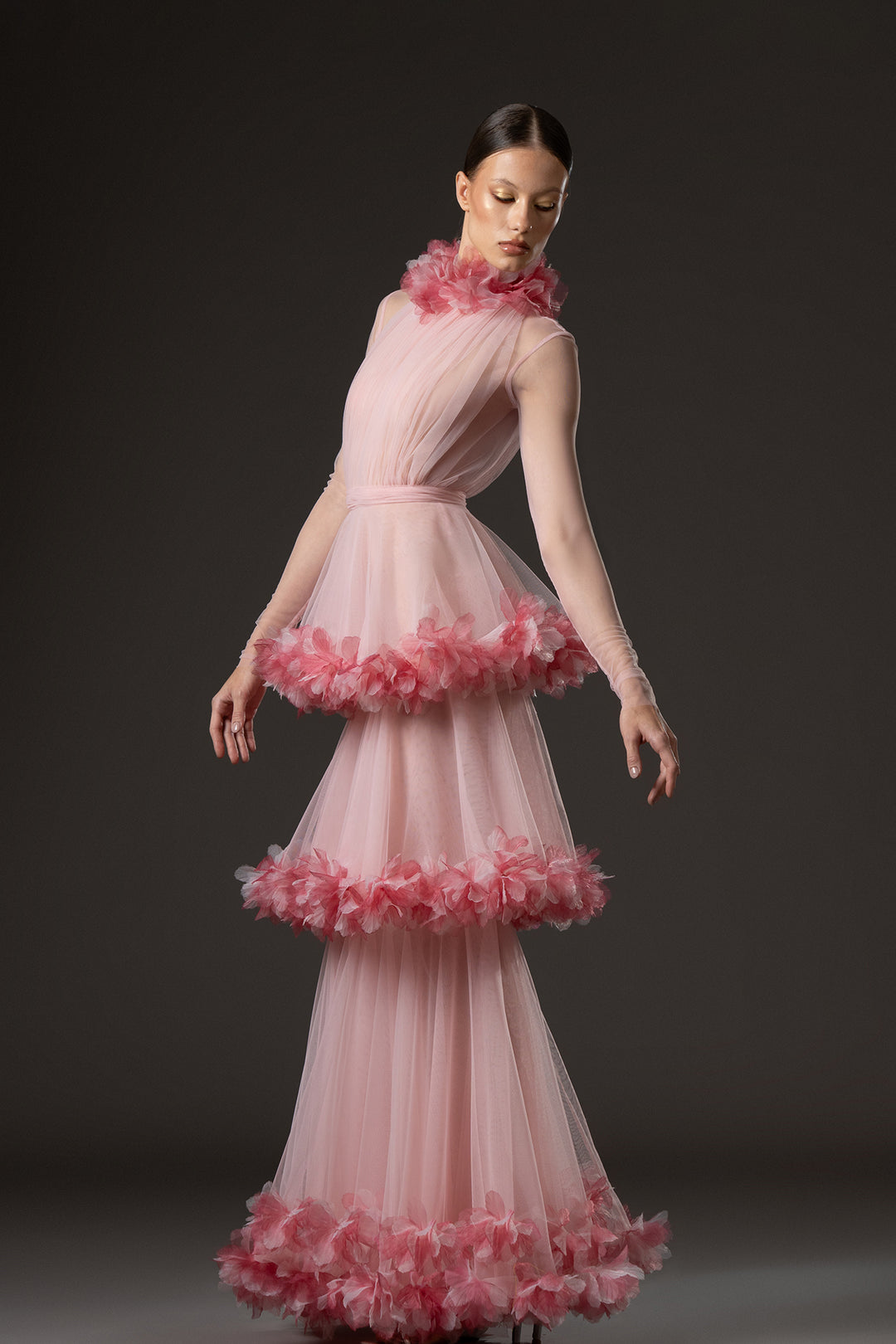 A-Line Long Dress with Floral Appliqué Embroidery