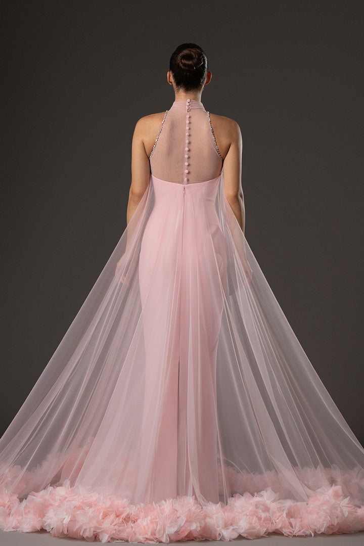 Strapless Crepe Dress with Layered Halter Neck Tulle Overlay