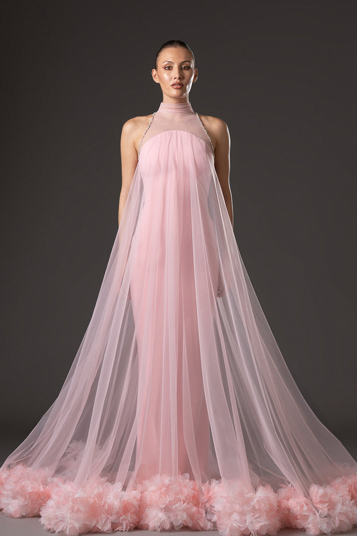 Strapless Crepe Dress with Layered Halter Neck Tulle Overlay
