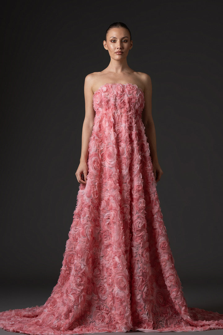 A-Line Dress with 3D Floral Embroidered Tulle