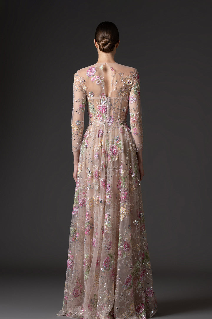 Floral Embroidered Tulle and A-Line Dress