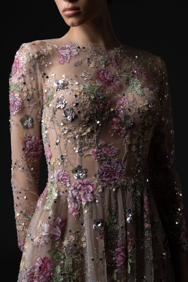Floral Embroidered Tulle and A-Line Dress