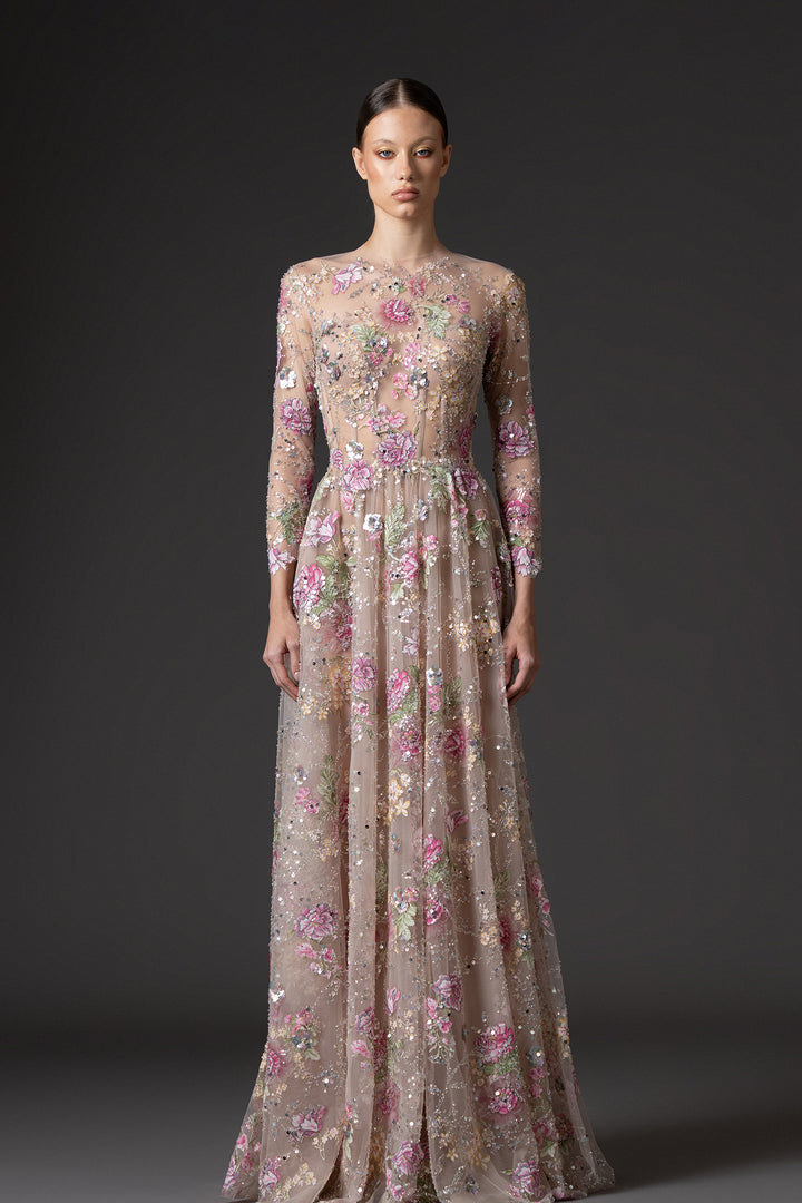 Floral Embroidered Tulle and A-Line Dress