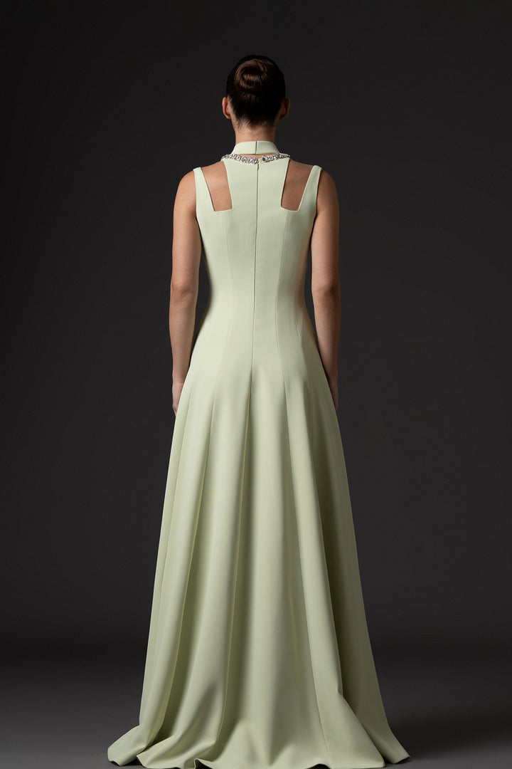 Crepe Dress with Embroidery and Front Slit