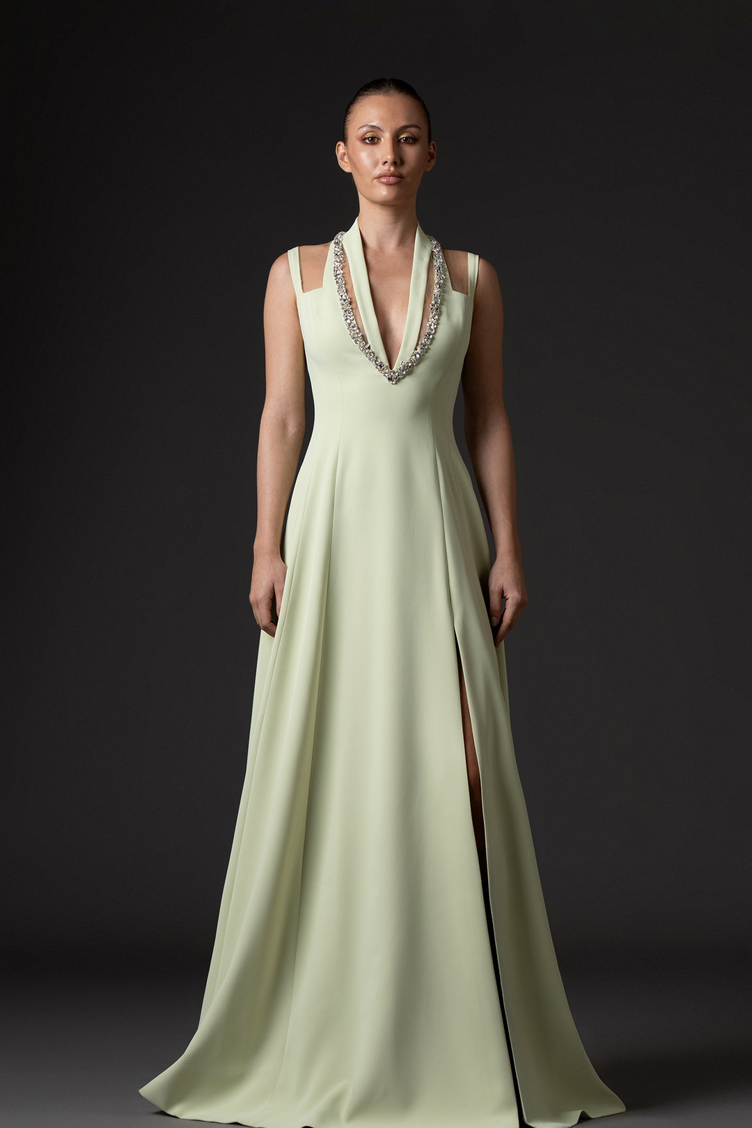 Crepe Dress with Embroidery and Front Slit