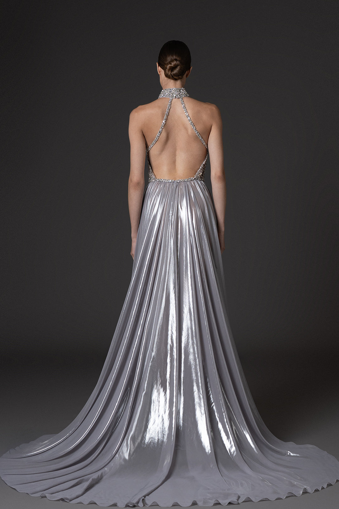 Halter Neckline Dress with Flowing Chiffon Lamé