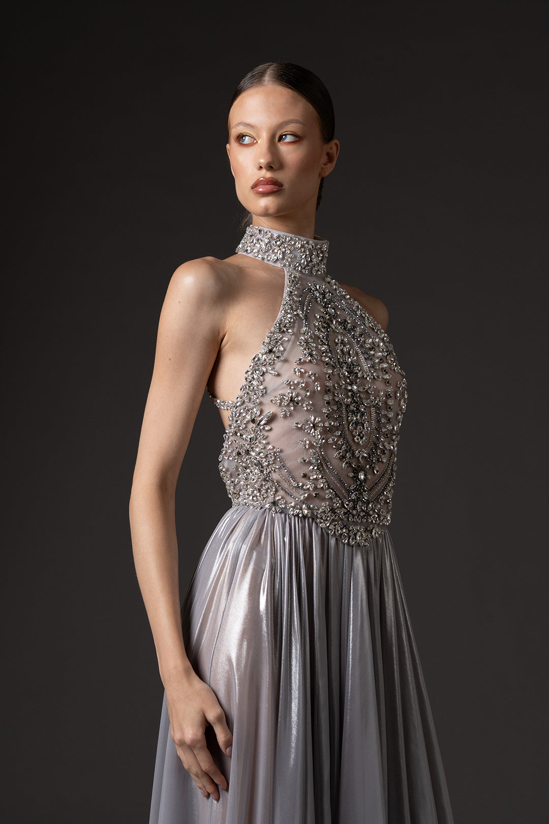 Halter Neckline Dress with Flowing Chiffon Lamé