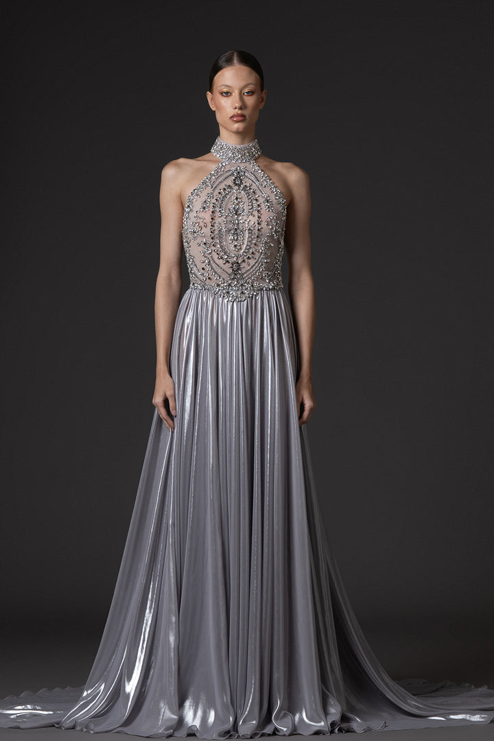 Halter Neckline Dress with Flowing Chiffon Lamé