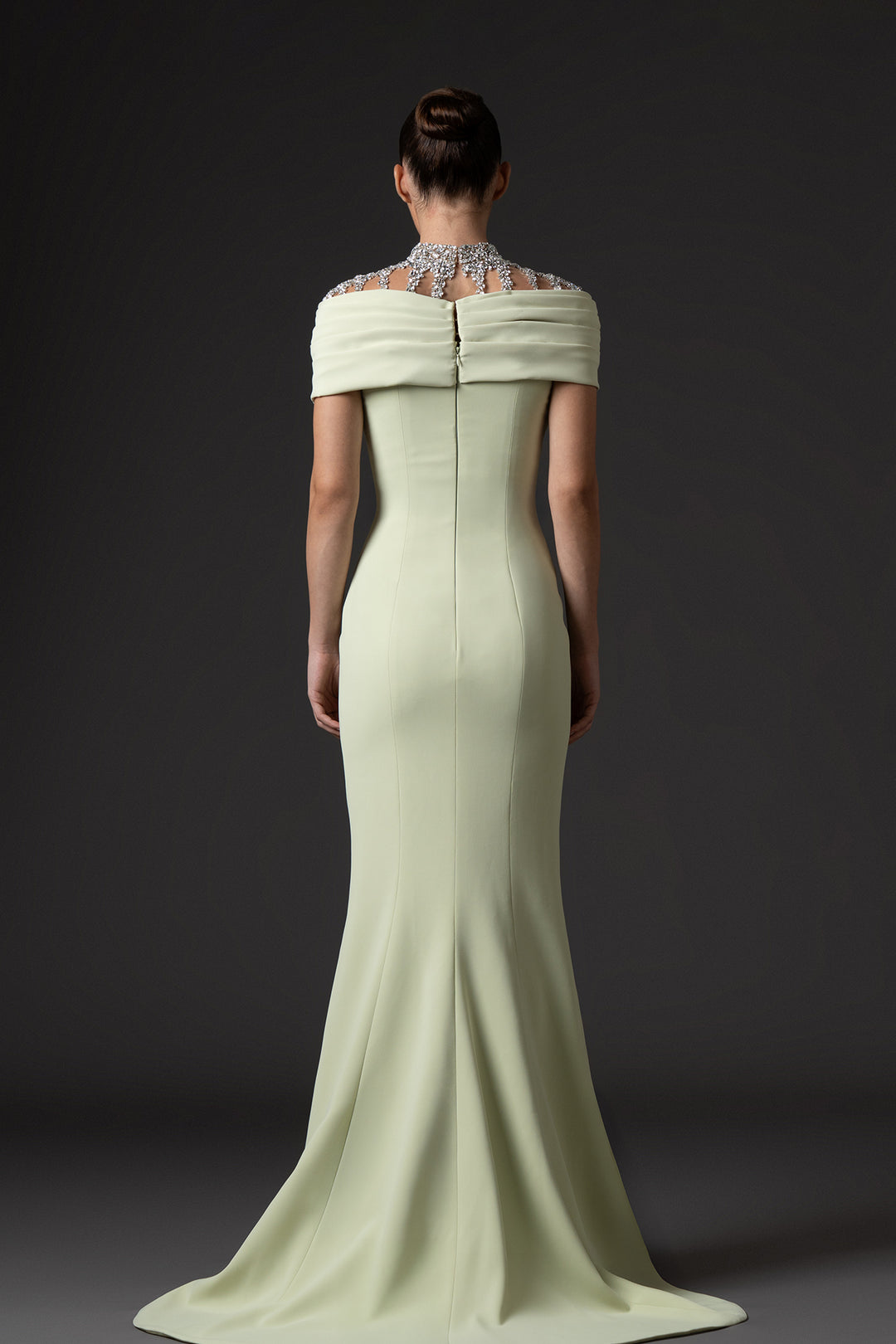 Crepe Long Dress with Crystal Embroidered Neckline
