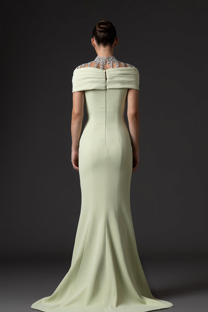 Crepe Long Dress with Crystal Embroidered Neckline