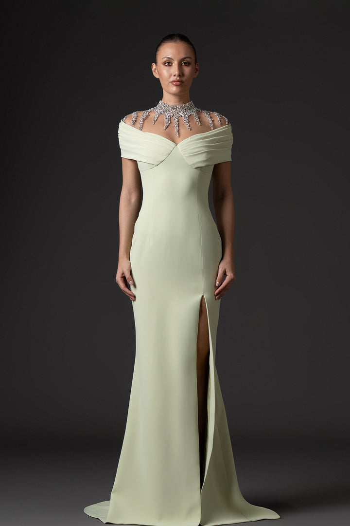 Crepe Long Dress with Crystal Embroidered Neckline
